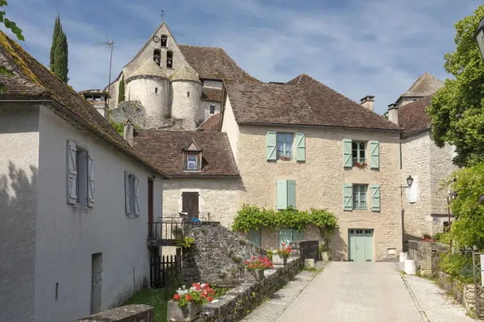 Framed Print : France, Midi-Pyrenees, Lot, Creyysse, the church and old buildings in the village of Framed Print : France, Midi-Pyrenees, Lot, Creyysse, the church and old buildings in the village of