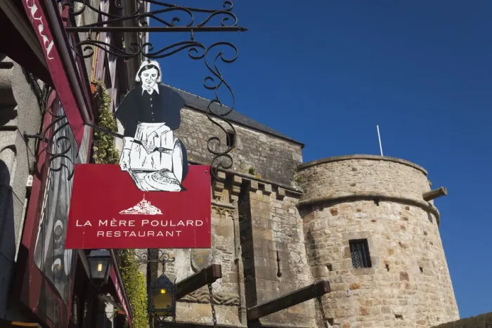 Framed Print : France, Normandy Region, Manche Department, Mont St-Michel, sign for the La Mere Poulard Framed Print : France, Normandy Region, Manche Department, Mont St-Michel, sign for the La Mere Poulard