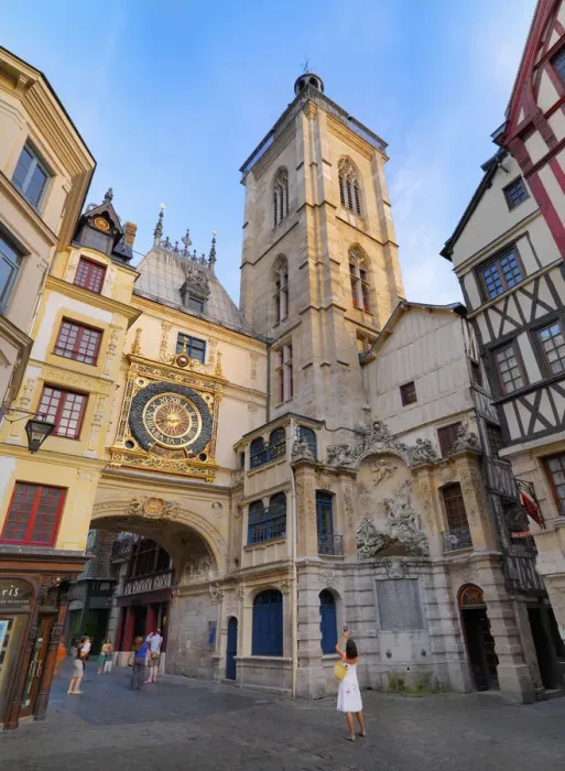 Framed Print : France, Normandy, Rouen, Le Gros Horloge, Woman photographing clock (MR) Framed Print : France, Normandy, Rouen, Le Gros Horloge, Woman photographing clock (MR)