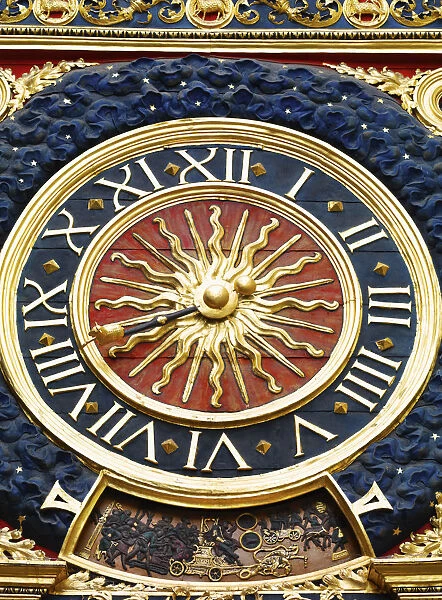 France, Normandy, Rouen, Le Gros Horloge, close-up of clock