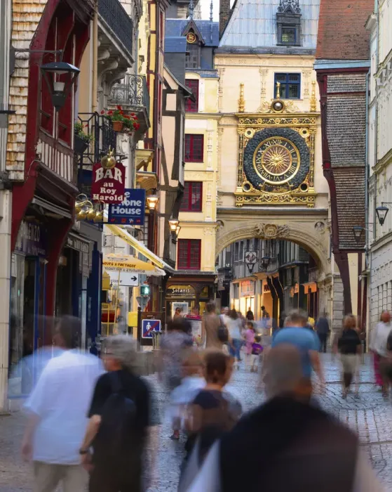 Framed Print : France, Normandy, Rouen, Le Gros Horloge and pedestrian road