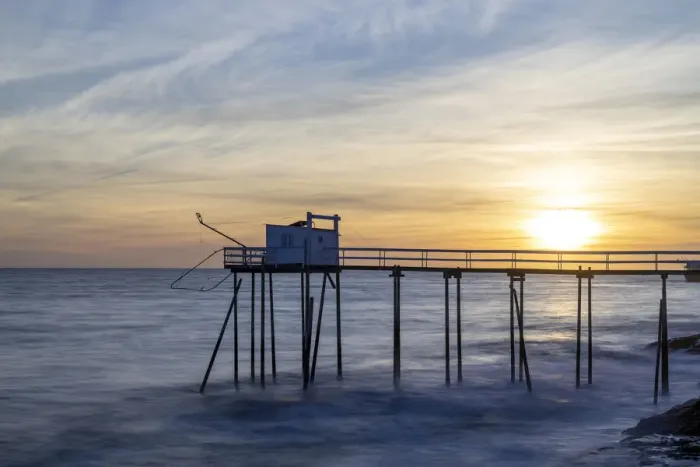 Framed Print : France, Nouvelle-Aquitaine, Charente Maritime, Saint-Palais-sur-Mer, a stilt fishing hut (carrelet) at sunset Framed Print : France, Nouvelle-Aquitaine, Charente Maritime, Saint-Palais-sur-Mer, a stilt fishing hut (carrelet) at sunset