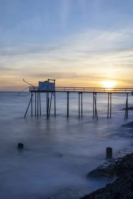 Framed Print : France, Nouvelle-Aquitaine, Charente Maritime, Saint-Palais-sur-Mer, a stilt fishing hut (carrelet) at sunset Framed Print : France, Nouvelle-Aquitaine, Charente Maritime, Saint-Palais-sur-Mer, a stilt fishing hut (carrelet) at sunset