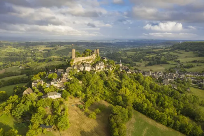 Framed Print : France, Nouvelle-Aquitaine, Correze, Turenne, aerial view of the hilltop village of Framed Print : France, Nouvelle-Aquitaine, Correze, Turenne, aerial view of the hilltop village of