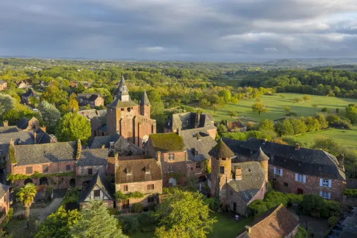 Framed Print : France, Nouvelle-Aquitaine, Correze, Collonges-la-Rouge, aerial view of the red village