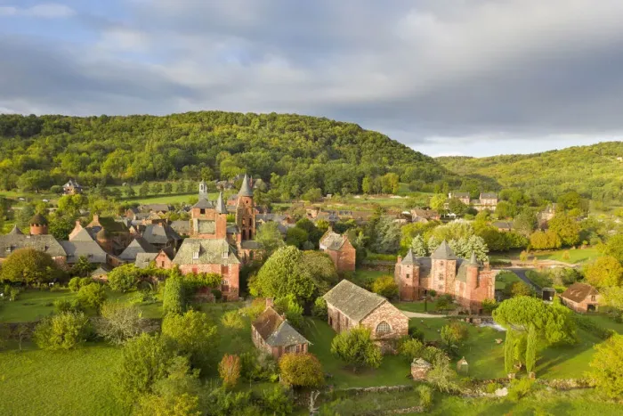 Framed Print : France, Nouvelle-Aquitaine, Correze, Collonges-la-Rouge, aerial view of the red village Framed Print : France, Nouvelle-Aquitaine, Correze, Collonges-la-Rouge, aerial view of the red village