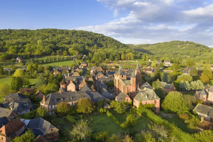 Framed Print : France, Nouvelle-Aquitaine, Correze, Collonges-la-Rouge, aerial view of the red village