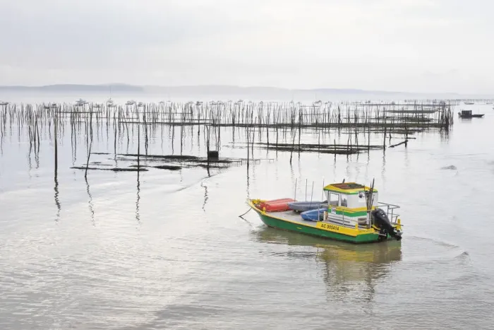 Framed Print : France, Nouvelle-Aquitaine, Gironde, Arcachon Bay, a fishing boat is moored by oyster Framed Print : France, Nouvelle-Aquitaine, Gironde, Arcachon Bay, a fishing boat is moored by oyster