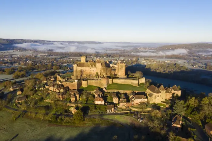 Framed Print : France, Occitanie, Lot, Castelnau-Bretenoux, aerial view of the castle Framed Print : France, Occitanie, Lot, Castelnau-Bretenoux, aerial view of the castle
