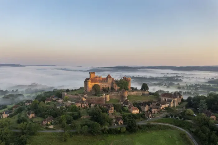 Framed Print : France, Occitanie, Lot, Castelnau-Bretenoux, aerial view of the castle Framed Print : France, Occitanie, Lot, Castelnau-Bretenoux, aerial view of the castle