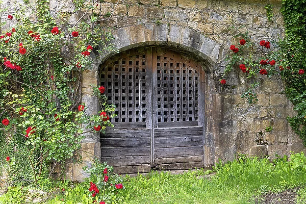 France, Occitanie, Lot, an old door surrounded by roses at the chateau de Montal