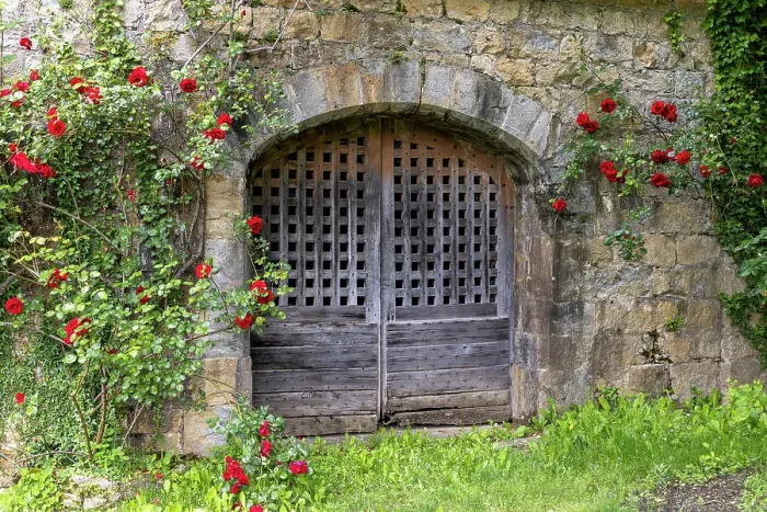 Framed Print : France, Occitanie, Lot, an old door surrounded by roses at the chateau de Montal Framed Print : France, Occitanie, Lot, an old door surrounded by roses at the chateau de Montal
