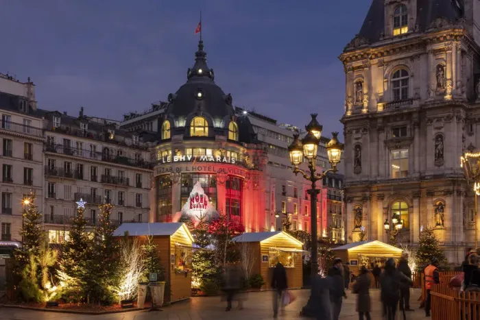 Framed Print : France, Paris, Hotel de Ville, BHV store and christmas fair at night Framed Print : France, Paris, Hotel de Ville, BHV store and christmas fair at night
