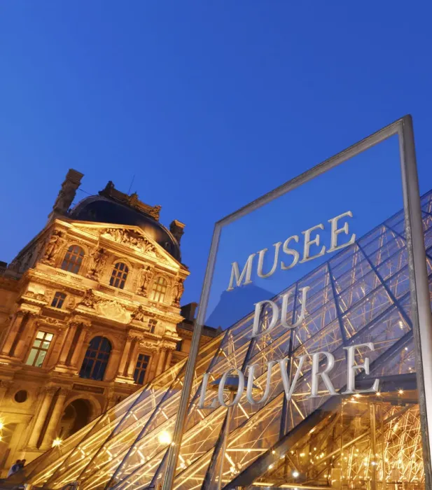 Framed Print : France, Paris, The Louvre, museum, pyramid and sign illuminated at night