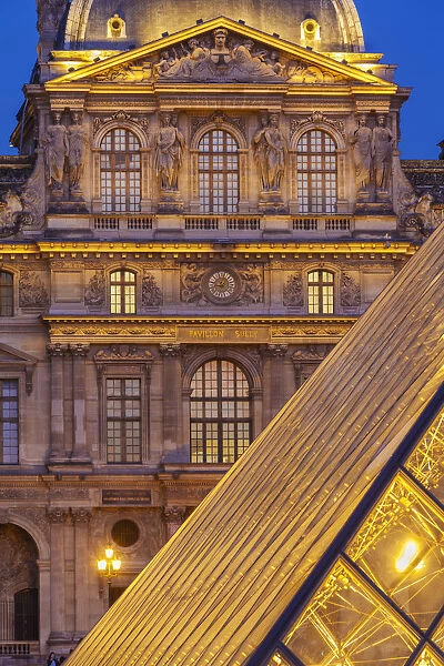 France, Paris, The Louvre, Pyramid at dusk