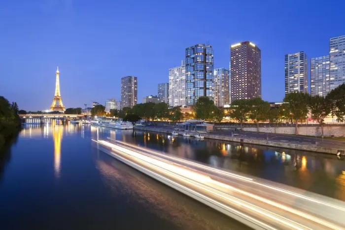 Framed Print : France, Paris, Night View Of River Seine With High-rise Buildings On The Left Bank Framed Print : France, Paris, Night View Of River Seine With High-rise Buildings On The Left Bank