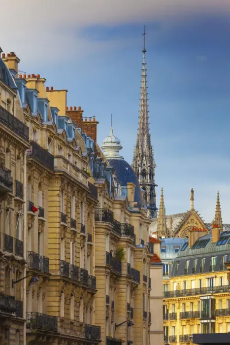 Framed Print : France, Paris, Notre Dame Cathedral, spire above rooftops Framed Print : France, Paris, Notre Dame Cathedral, spire above rooftops