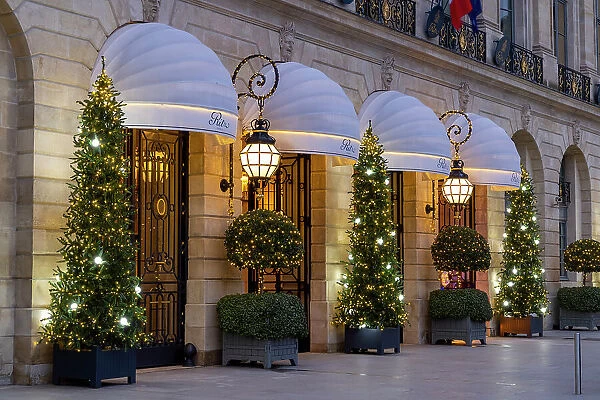 France, Paris, Place de Vendome, Ritz Hotel with Christmas