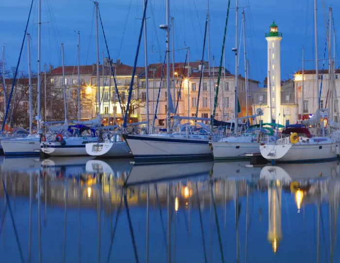 Framed Print : France, poitou-Charentes, La Rochelle, town reflected in harbour at night Framed Print : France, poitou-Charentes, La Rochelle, town reflected in harbour at night