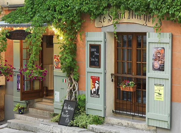 France, Provence, Alpes Cote d Azur, Castellane, facade of cafe