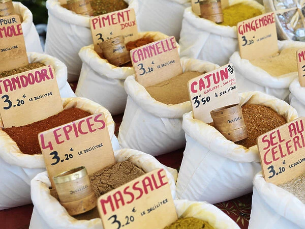 France, Provence, Alpes Cote d Azur, Castellane, Herbs and spices at market stall