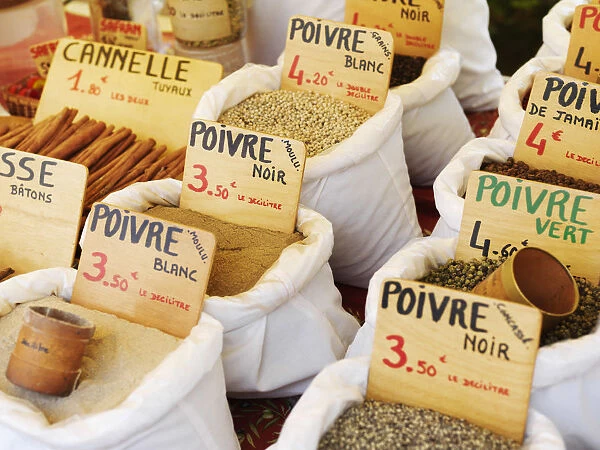 France, Provence, Alpes Cote d Azur, Castellane, Herbs and spices at market stall