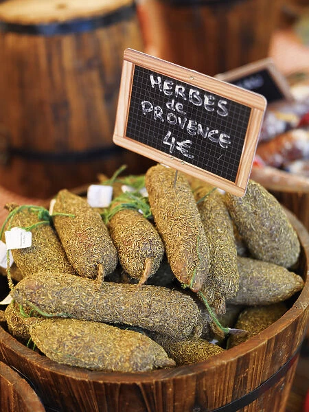 France, Provence, Arles, market, Herbs and sausages