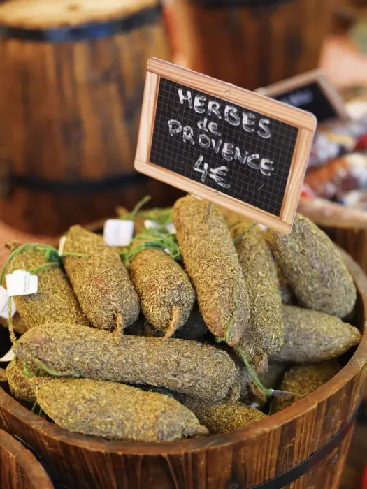 Framed Print : France, Provence, Arles, market, Herbs and sausages