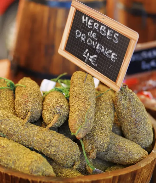Framed Print : France, Provence, Arles, market, Herbs and sausages Framed Print : France, Provence, Arles, market, Herbs and sausages