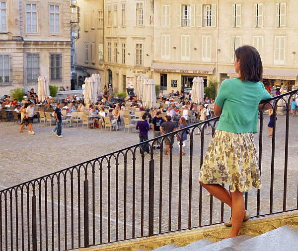 France, Provence, Avignon, Place de Palais, Woman looking over square MR