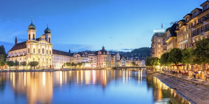 Framed Print : Franz Xaver Jesuit Church and Reuss River at dusk, Lucerne, Switzerland Framed Print : Franz Xaver Jesuit Church and Reuss River at dusk, Lucerne, Switzerland