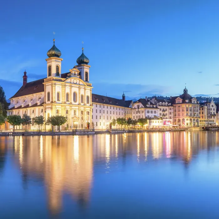 Framed Print : Franz Xaver Jesuit Church and Reuss River at dusk, Lucerne, Switzerland Framed Print : Franz Xaver Jesuit Church and Reuss River at dusk, Lucerne, Switzerland