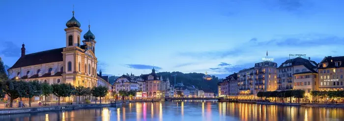 Framed Print : Franz Xaver Jesuit Church and Reuss River at dusk, Lucerne, Switzerland Framed Print : Franz Xaver Jesuit Church and Reuss River at dusk, Lucerne, Switzerland