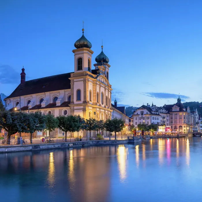 Framed Print : Franz Xaver Jesuit Church and Reuss River at dusk, Lucerne, Switzerland Framed Print : Franz Xaver Jesuit Church and Reuss River at dusk, Lucerne, Switzerland