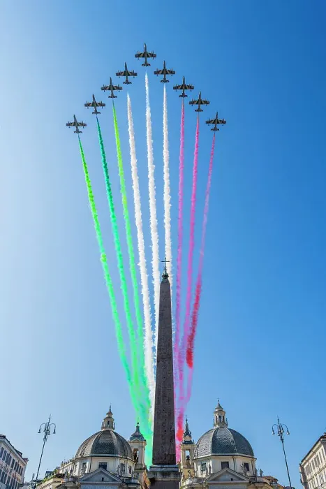 Framed Print : The Frecce Tricolori aerobatic team flying over Piazza del Popolo with smoke trails representing the national colours of Italy during the celebrations of Italian National Day in Rome, Lazio, Italy