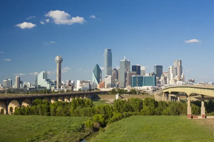 Framed Print : Freeway bridge over the Dallas River floodplain, and skyline of the downtown area Framed Print : Freeway bridge over the Dallas River floodplain, and skyline of the downtown area