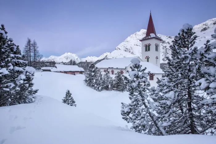 Framed Print : Freezing winter sunrise at the Saint Gaudenzios church at the Maloja Pass after Framed Print : Freezing winter sunrise at the Saint Gaudenzios church at the Maloja Pass after