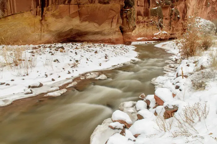 Framed Print : Fremont River and canyon walls in winter, Capitol Reef National Park, Utah, USA Framed Print : Fremont River and canyon walls in winter, Capitol Reef National Park, Utah, USA