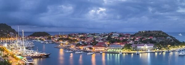 French West Indies, St-Barthelemy, Gustavia, Gustavia Harbor from Fort Gustave, dawn