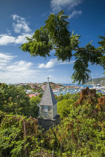 French West Indies, St-Barthelemy, Gustavia, Anglican Church, and elevated view towards