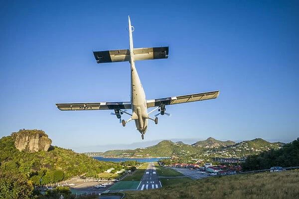 French West Indies, St-Barthelemy, Gustavia, aircraft landing at St-Barthelemy Airport
