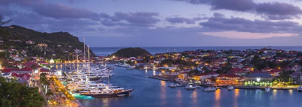 French West Indies, St-Barthelemy, Gustavia, Gustavia Harbor from Fort Gustave, dusk