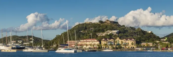 Framed Print : French West Indies, St-Martin, Marigot, harbor view with Fort Louis Framed Print : French West Indies, St-Martin, Marigot, harbor view with Fort Louis