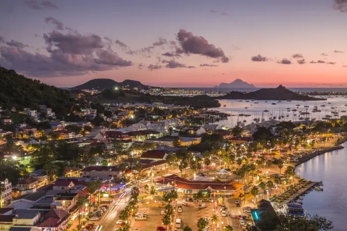 Framed Print : French West Indies, St-Martin, Marigot from Fort Louis, dusk Framed Print : French West Indies, St-Martin, Marigot from Fort Louis, dusk