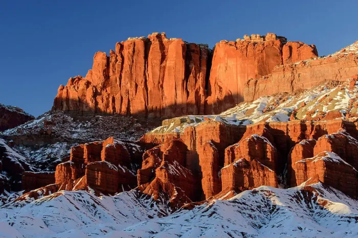 Framed Print : Fresh snow on the Rim Rock formations, Capitol Reef National Park, Utah, USA