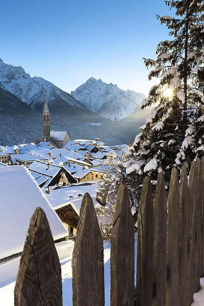 Fresh snow in the village of Sent, Lower Engadine, Canton of Grisons, Switzerland, Europe