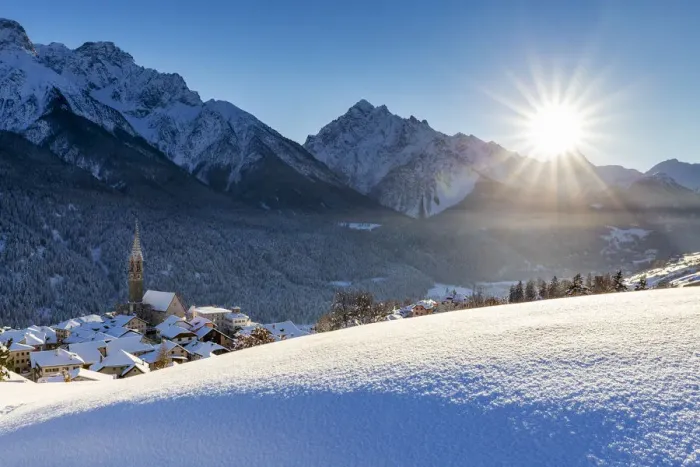 Framed Print : Fresh snow in the village of Sent, Lower Engadine, Canton of Grisons, Switzerland, Europe