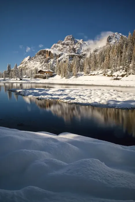 Framed Print : Fresh Snowfall at Lake Antorno, Belluno Province, Veneto, Dolomites, Italy