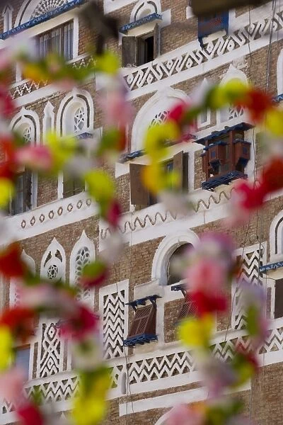 Frontage of buildings & floral decorations, Sana a, Yemen