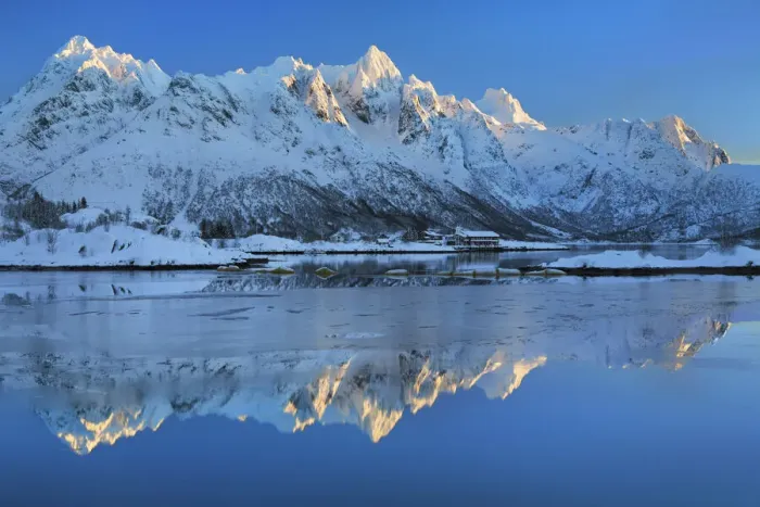 Framed Print : Frosty mountains at Austnesfjorden - Norway, Nordland, Lofoten, Austvagoya